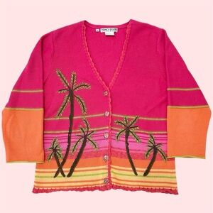 Vintage Nancy Medium Bolen City Girl Pink Palm Tree Cardigan 3/4 Sleeve Medium